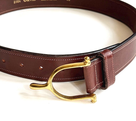 Vintage Equestrian Belt Brass English Stirrup Buckle Brown Leather Strap