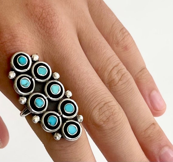 Snake Eye Turquoise Ring Vintage Native American Zuni Sterling Silver Flush Turquoise Inlay Cluster Ring Size 6