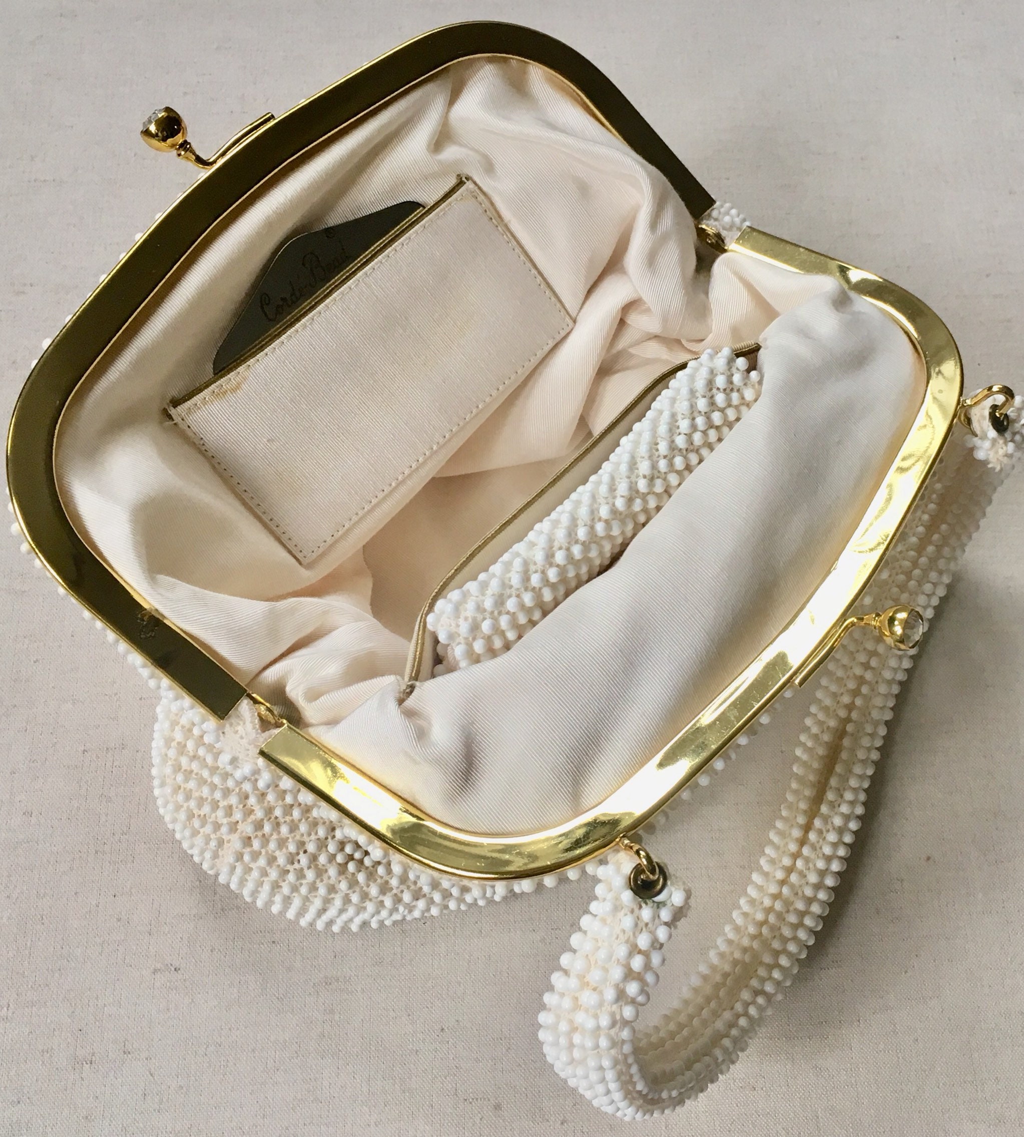 White Corde Purse Handbag Set of 3 Coin Purse Mirror Vintage 50s Beaded White Ivory Gold Frame ...
