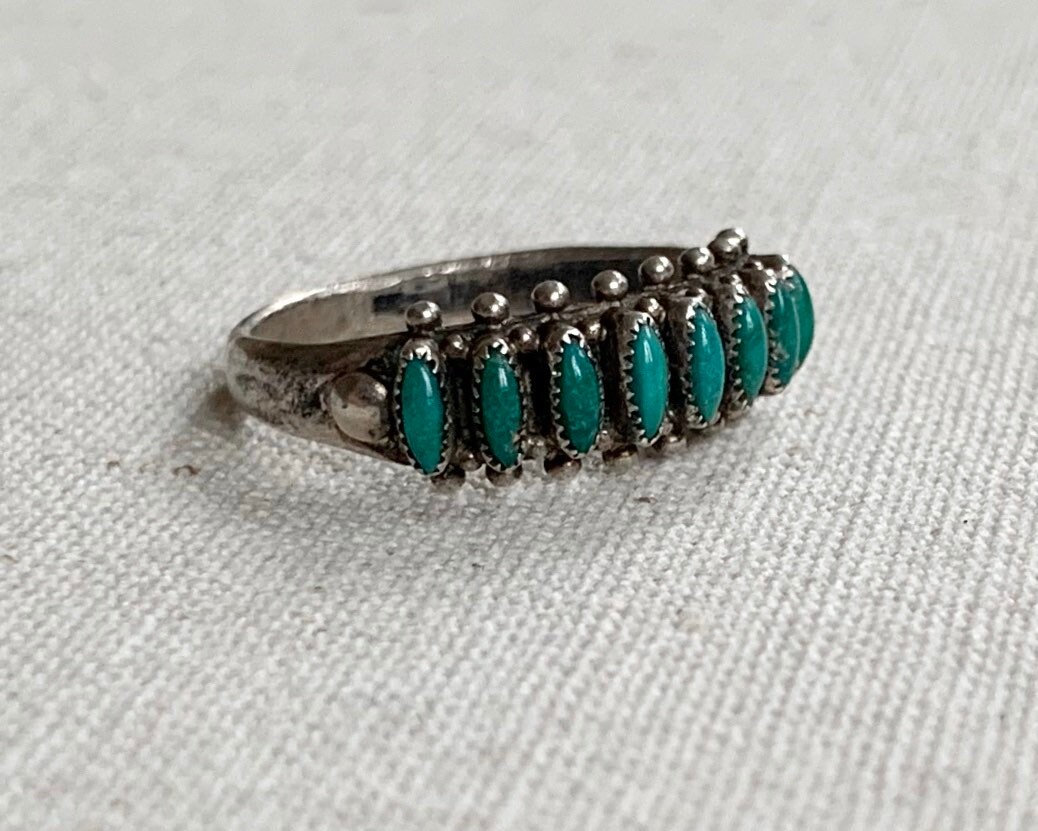 Zuni Needlepoint Turquoise Ring Band Vintage Native American Sterling