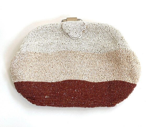 Vintage French Seed Beaded Clutch: Ivory, Pearl, Rust Brown, Silk Lined