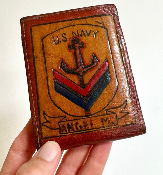 US Navy Leather Wallet Handmade Tooled Painted Tan Leather Vintage Military United States Navy Ship Eagle Anchor Western Rugged