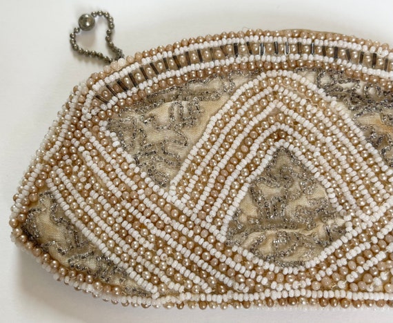 Antique beaded Clutch Purse Faux Pearl Ivory and Clear Beads Silk Lining Zip Closure Wedding Bridal Bag Something Old  Vintage 20s 30s 40s