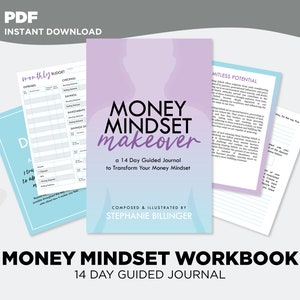 Puede incluir: Una descarga digital en morado y blanco para un diario guiado de 14 días llamado "Money Mindset Makeover" de Stephanie Billinger. El diario está diseñado para ayudarte a transformar tu mentalidad financiera.