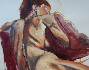 Original acrylic painting, nude woman, back, red brown, life model, affordable art, bedroom wall, Irish, female, feminist, large, naked,