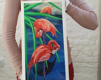 8x16&quot; fine art print of original oil painting - &quot;Citrus County&quot;, flamingo, green palm leaves, pink, blue, Florida, river, birds, tropical