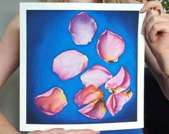 10&quot;x10&quot; fine art print of original oil painting - &quot;Relinquish&quot;, rose petals, Irish, blue, pink, realist, affordable, decor, wall hanging
