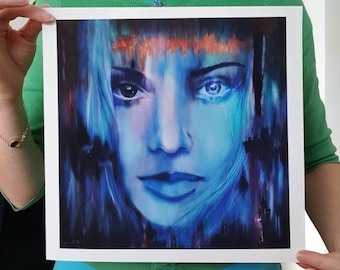 Blue Female Face Art Print, Abstract Woman Portrait, Irish Fine Art (10x10)