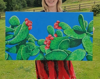 ORIGINAL OIL PAINTING - &quot;Gozo&quot; prickly pear cactus, green pink blue, Malta, nature, flower, tropical plants, colourful large, boho decor