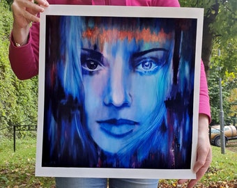 Blue Rainsong Portrait Art Print, Abstract Female Face (15x15)