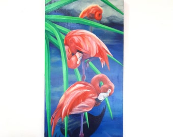 ORIGINAL OIL PAINTING - &quot;Citrus County&quot;, flamingo, palm leaves, bright colour, Florida, river, birds, nature, tropical, large, plant love