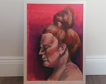 Original acrylic painting from life, portrait of a woman, side profile, red hair, Irish