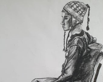 Original charcoal drawing from life, figure, side profile, androgynous, Irish art, large, wall hanging, decor minimalist, unique one off