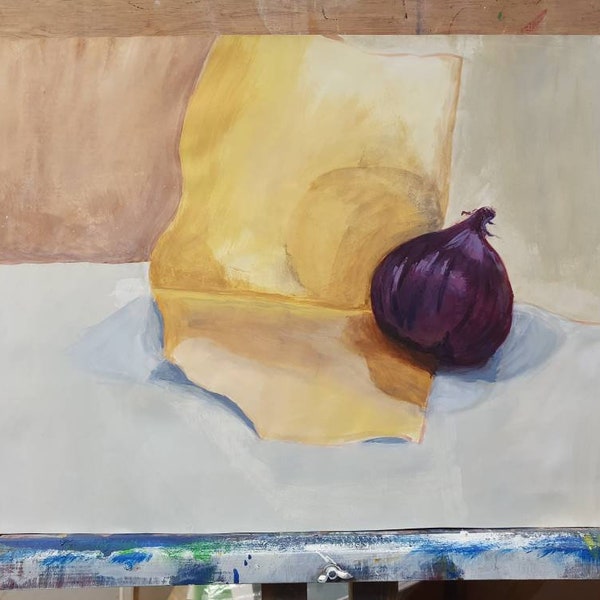 Original oil painting, still life with red onion, affordable Irish art, unique home decor,