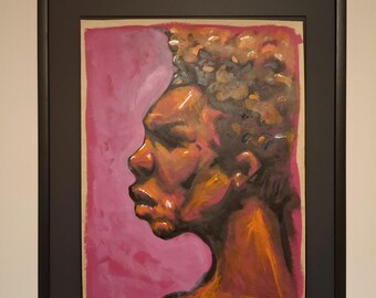 Acrylic side profile portrait, energetic, pink and orange