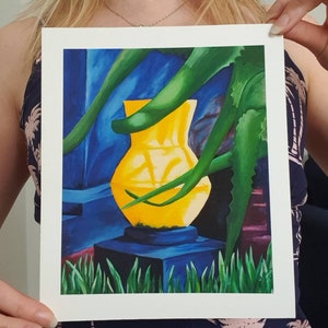6&quot; x 7&quot; Fine art print of original oil painting &quot;Majorelle&quot;. Inspired by Le Jardin de Majorelle, Marrakech, Blue, Yellow, Tropical, Plants