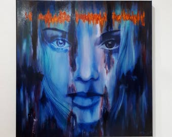 ORIGINAL PAINTING - oil & digital - &quot;Rainsong&quot;, blue female face, abstract, colourful, Irish tribal beauty, woman, feminine, energy, purple