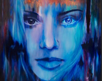 Blue Female Face Art Print, Abstract Colorful Texture, 30x30"
