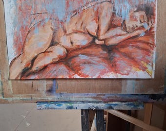 Large original acrylic painting, nude woman, reclining, orange, affordable art, Irish, female, life drawing, portrait, one off unique, sleep