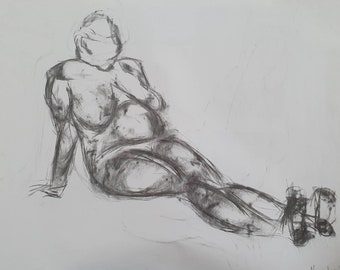 Original charcoal drawing from life, nude woman, sketchy, minimalist, affordable art, decor, wall hanging, large, abstract, unique one off