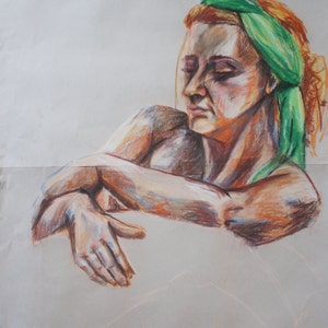 Original pastel life drawing, side profile, seated woman, green headband, colourful, one off, unique piece,  portrait