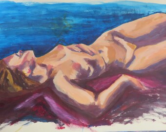 Original large acrylic painting from life, reclining nude woman, naked, female, blue purple, affordable, decor, intimate, unique, one off