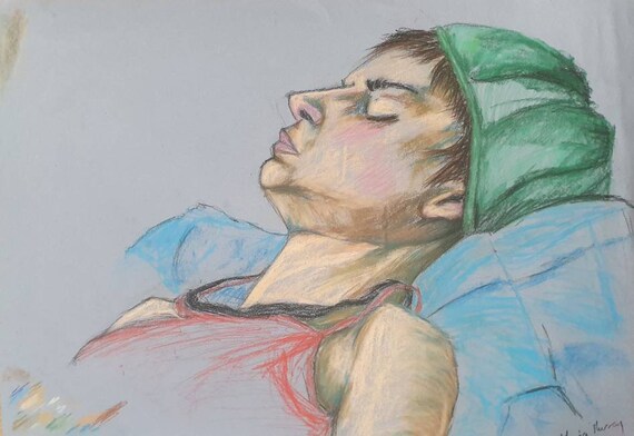 Original Conte Crayon Drawing From Life, Sleeping Reclining Woman