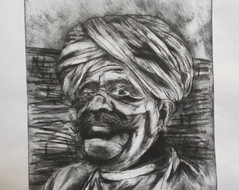 Original etching from a photograph, portrait of an Indian man