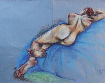 Original life drawing, pastel on sugar paper, blue background, large drawing, woman, nude, back, one off, unique piece