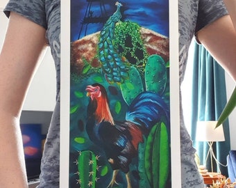 Peacock & Rooster Art Print – Fertile India Dreamscape (6.5x16)