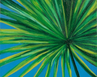 10x12" print of original oil painting "Key Largo"  tropical palm leaf, green and blue, plants, affordable art