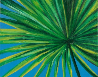 Key Largo Palm Leaf Art Print, Tropical Green & Blue Painting (10x12)