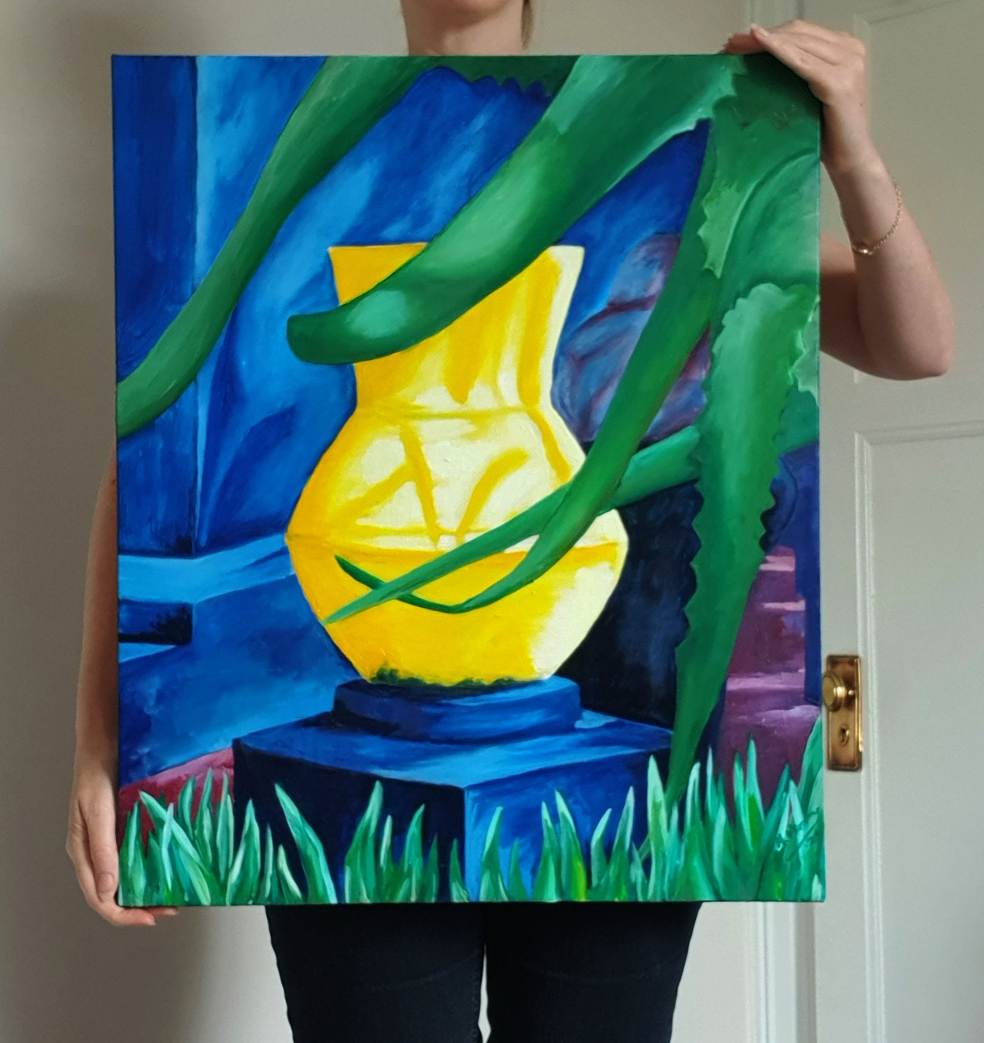 Original oil painting - "Majorelle",  yellow blue, Morocco, Jardin du Majorelle, plants, Yves St Laurent, Marrakech, pot, ceramic, tropical