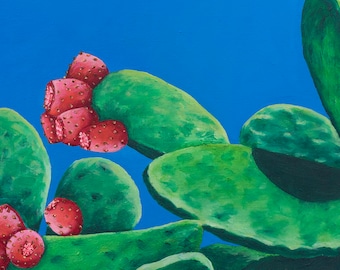 19x33" fine art print of original oil painting - "Gozo", prickly pear cactus, green pink blue, Malta, nature, tropical, colourful, plant
