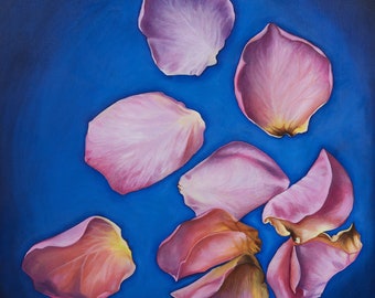 Rose Petals Fine Art Print – Pink Floral Oil Painting on Blue, 30"x30"