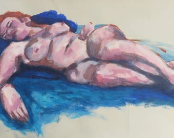 Original acrylic painting, Reclining female nude, blue, pink, affordable, bedroom, sensual, decor, naked, female, beauty, unique one off
