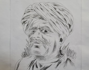 Original etching from a photograph, portrait of an Indian man