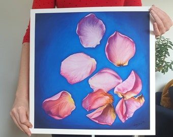 Rose Petals Fine Art Print – Blue, Pink Realist Painting
