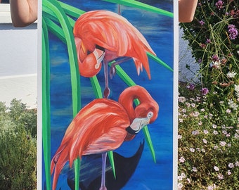 Flamingo Art Print – Florida Tropical Birds, Citrus County Painting (17.8x36")