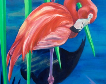 Flamingo Oil Painting Art Print – Florida Tropical Birds, "Citrus County" (12x24)