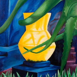 18x22&quot; Fine art print of original oil painting &quot;Majorelle&quot;. Inspired by Le Jardin de Majorelle, Marrakech, Blue, Yellow, Tropical, Plants