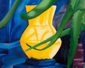 Majorelle Garden Art Print, Marrakech, Blue, Yellow, Tropical Plants (18x22)