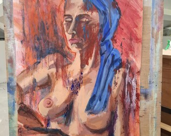 Original acrylic painting from life on paper, life model, affordable art, unique, one off, nude, torso, woman, turban, chaos, expressive