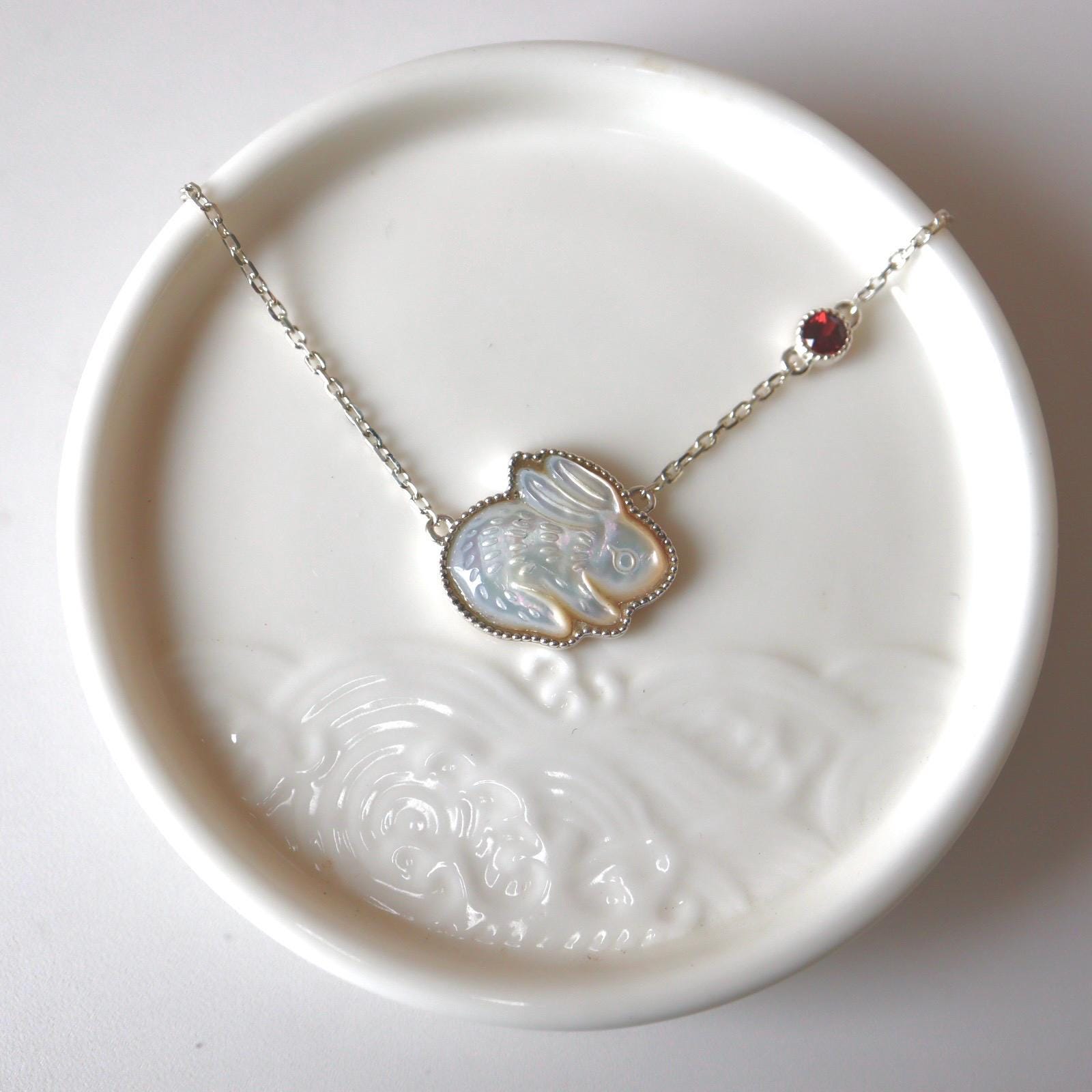 Bunny Necklace With Red Garnet Mother of Pearl Necklace Sterling