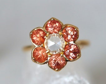 Sunset color Halo Ring with Rose Cut Sapphire DaisyRing Gift for her Precicion Cut Gems. 14K Yellow Gold US7.25. RTS