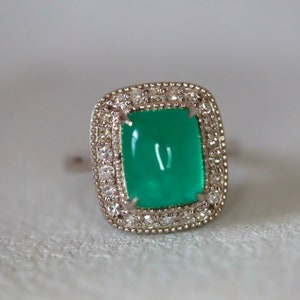 Emerald Cabochon Sugarloaf Ring single cut diamond Halo Ring Vivid Green Natural Emerald Gemstone Diamond Solid 14K. 14K white gold US7.