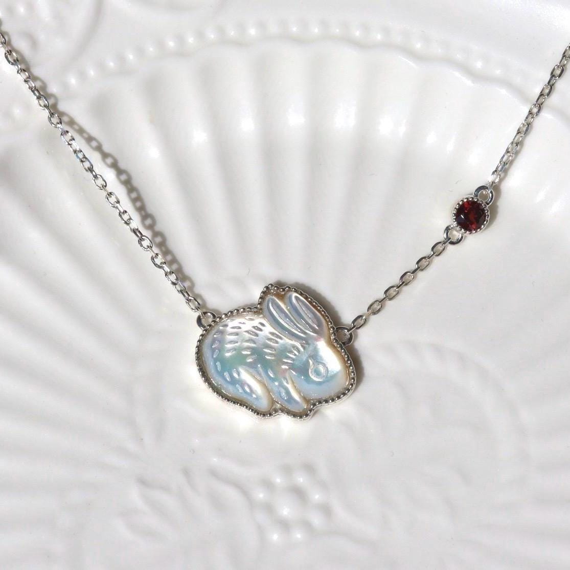 Bunny Necklace With Red Garnet Mother of Pearl Necklace Sterling