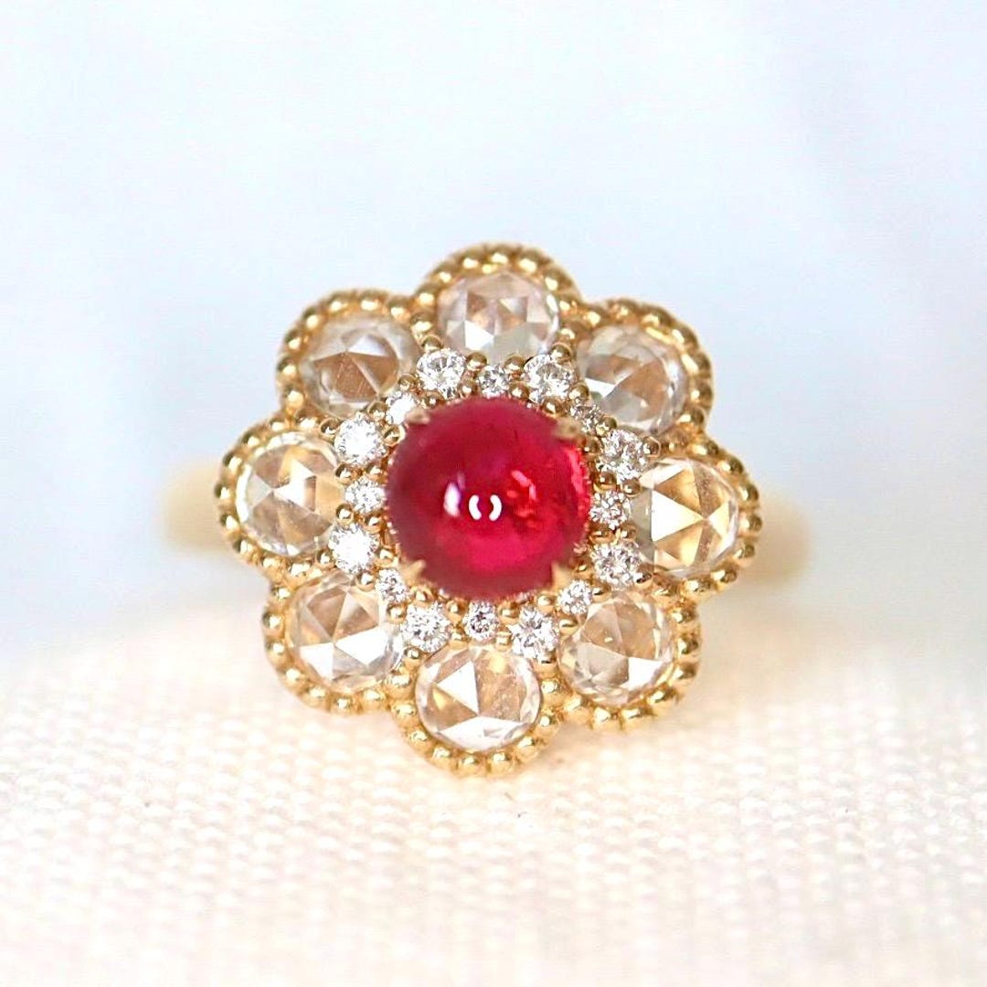 Neon Red Spinel and Diamond Ring Double Halo Ring With Rose-cut