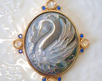 Solid 14K gold Carved Swan Cameo Mother of Pearl Pendant Charm Swan Charm Pendant Cameo Charm Pendant Jewelry with moonstone blue sapphire