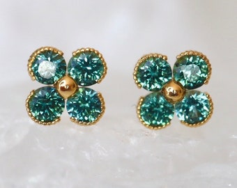 Teal Sapphire Stud Earrings in 14Kt Yellow Gold Green Stud Earrings Push Back Earrings Clover Montana Sapphire Studs . Ship in 4 weeks